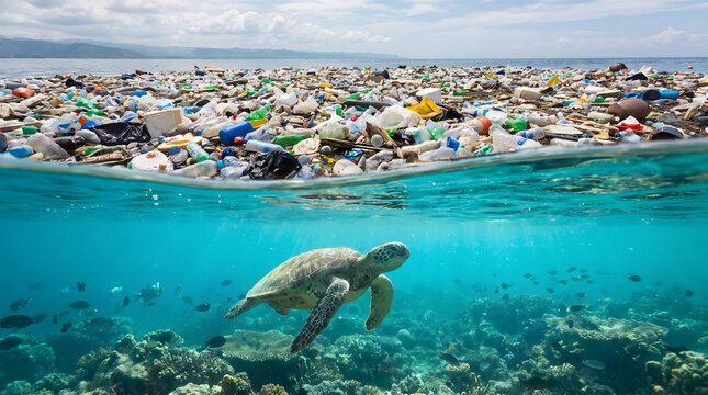 Split view of sea turtle swimming beneath dense floating ocean plastic debris