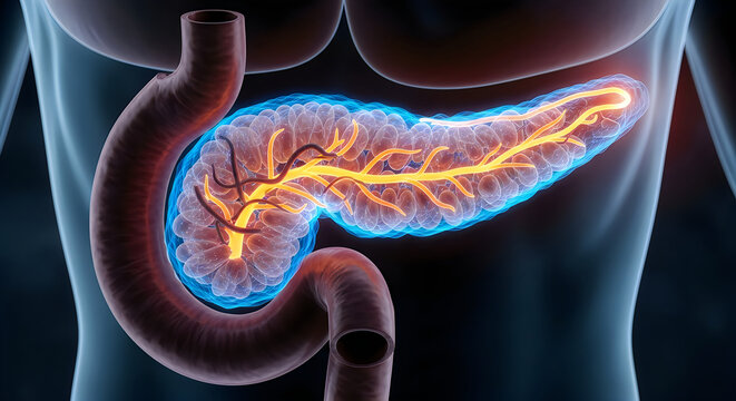 Anatomical illustration of the human pancreas and digestive system