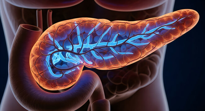 Anatomical illustration of the human liver with bile ducts highlighted