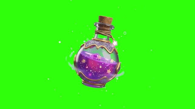 A glowing 3D animated glass potion bottle filled with bubbling purple elixir floating with magical sparkles on a chroma key green background. Great for RPG game inventories, fantasy potion icons, magi