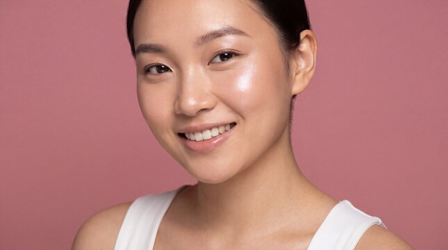 A smiling young woman with glowing skin and highlighter on her cheekbones against pink background with radiant complexion glowing