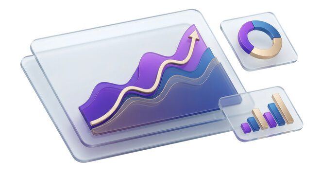 3D glassmorphism upward arrow chart isolated. Investment strategy success.
