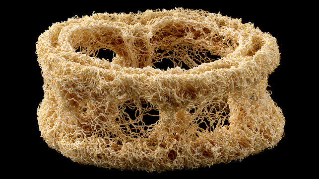 Cross section of a dried loofah sponge displaying fibrous internal structure