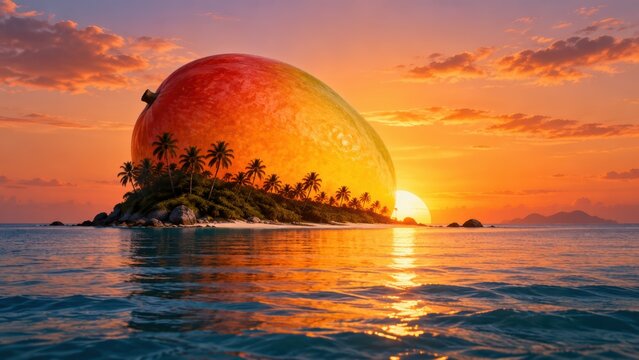 Surreal tropical island landscape featuring giant mango fruit sun rising above the calm ocean waves at golden hour sunset
