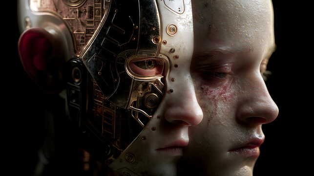 Cyborg human face split with robotic technology photorealistic portrait