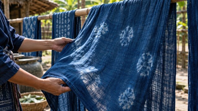 Traditional artisan indigo dyed textile drying outdoors fabric craft artisan hands drying traditional indigo dyed blue fabric on outdoor racks