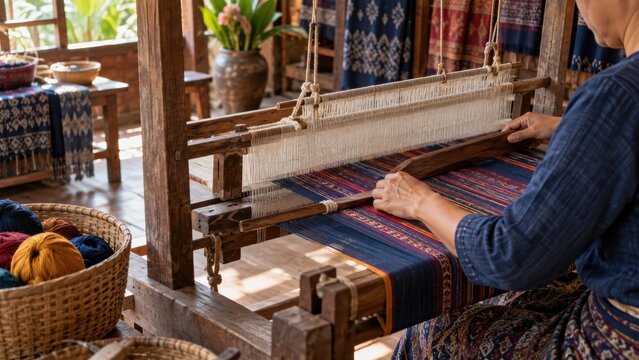 Traditional handloom weaving process creating intricate textile fabric pattern art