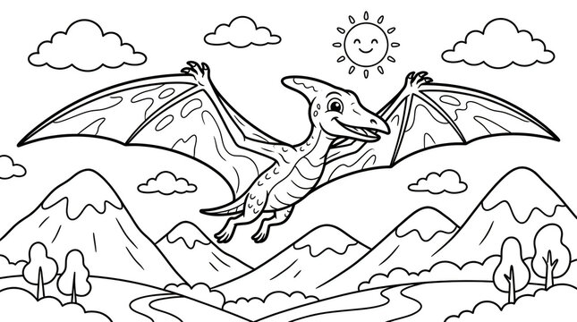 Cute cartoon pterodactyl flying over a mountain landscape coloring page