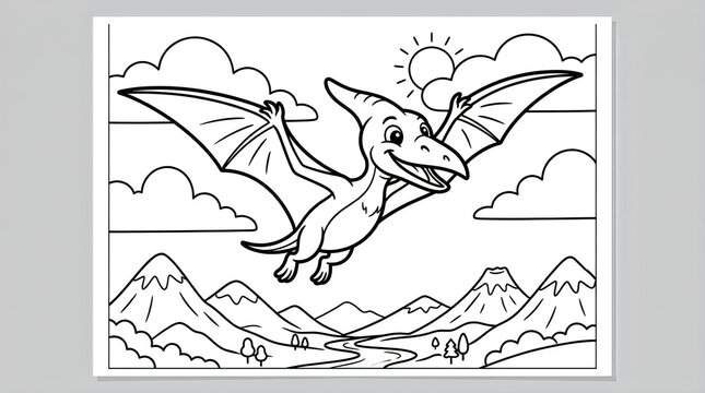 Cute cartoon pterodactyl flying over a prehistoric landscape coloring page
