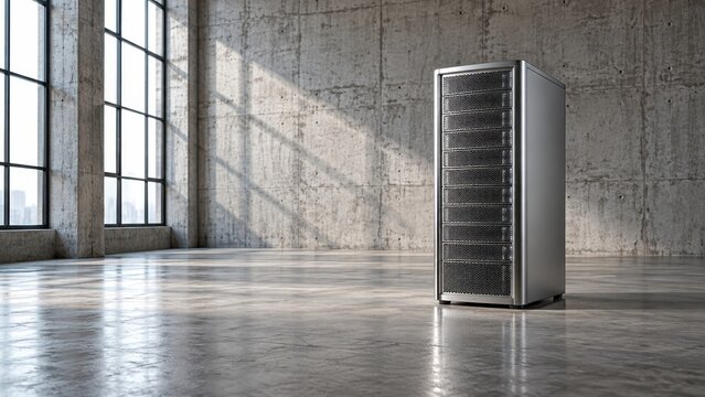 Silver server tower standing on concrete floor in industrial loft