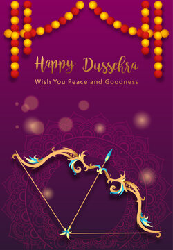 Dussehra Festival Greeting Poster Featuring an Ornate Decorative Bow and Arrow with Marigold Hanging Garland and Glowing Festive Lights on a Purple Background, Editable Vector Illustration
