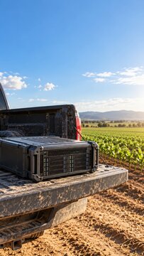 Rugged server rack mounted in pickup truck tailgate in farm field