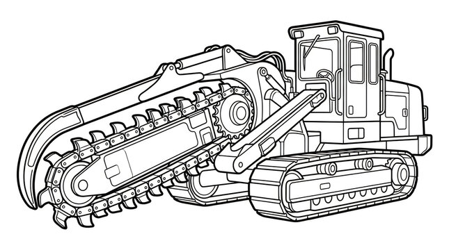 Heavy-duty trencher excavator with articulated boom digging underground utility trench