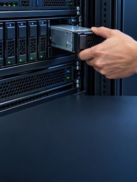 IT technician hand inserting hard drive sled into server rack