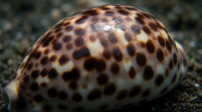 Polished spotted cowrie shell lying on ocean seabed