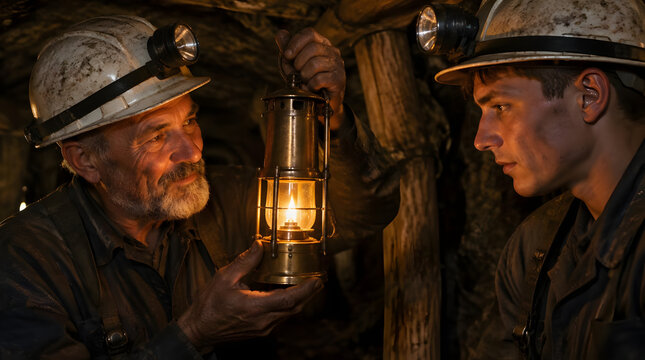 Two miners with headlamps and a lantern in a dark mine.