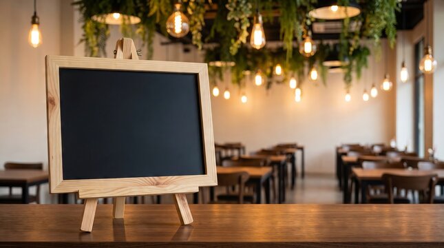Blank Small Blackboard Stand on Wooden Table in Restaurant or Cafe Background