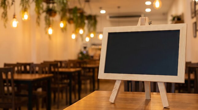 Blank Small Blackboard Stand on Wooden Table in Restaurant or Cafe Background