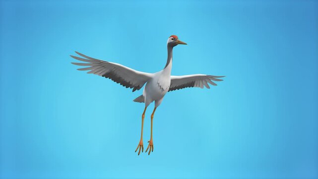 A realistic 3D animated crane bird flapping wings gracefully against a blue sky background. Great for nature documentaries, wildlife conservation videos, migratory bird clips, and scenic motion graphi