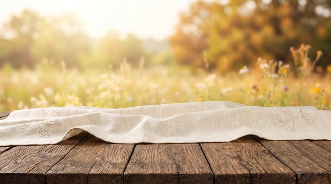 Empty Wooden Table Top with Blurred Green Nature Forest Background for Product Display