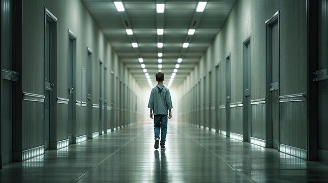 A young boy walks slowly down a long, austere institutional corridor, captured entirely from behind as he moves toward the distant end of the hallway. Identical doors line both sides of the passage