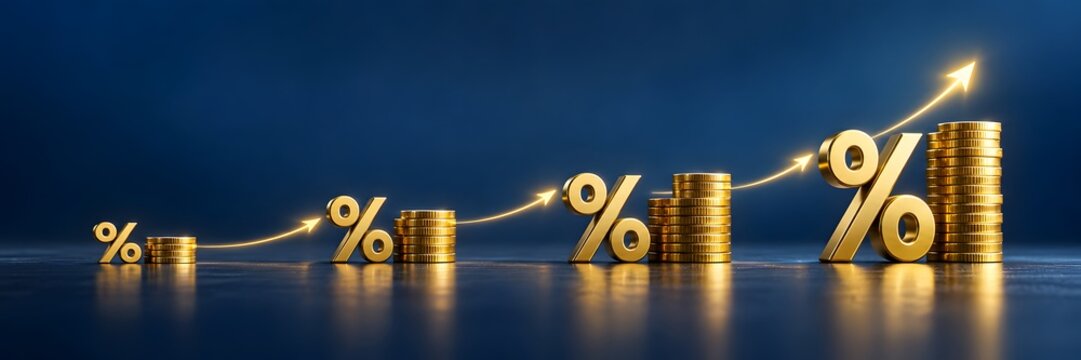 Rising golden percentage symbols and stacked coins connected by an upward glowing arrow demonstrating continuous financial growth and profitable investment returns