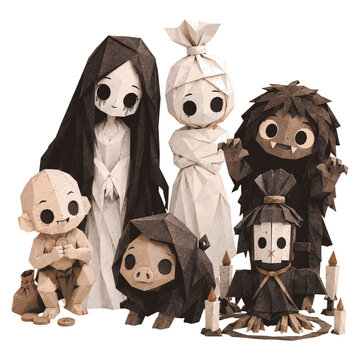 Cute Indonesian Folklore Ghost Characters in 3D Origami Paper Style
