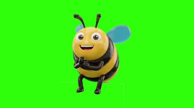 A cute 3D animated bee character rubbing its hands together cheerfully on a chroma key green background. Great for honey marketing, cheerful reaction clips, children learning apps, cartoon bug animati