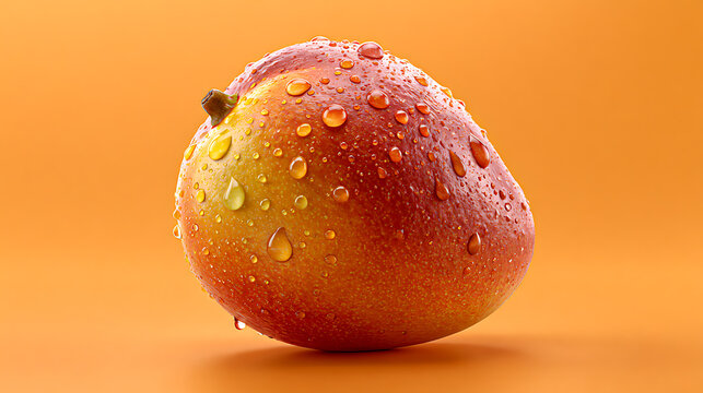 A ripe mango with water droplets rests against an orange background