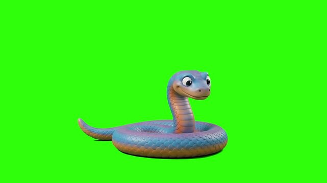 A cute 3D animated blue and orange snake character coiled friendly on a chroma key green background. Suitable for reptile educational videos, children's cartoons, zoo promotions, jungle animal clips, 