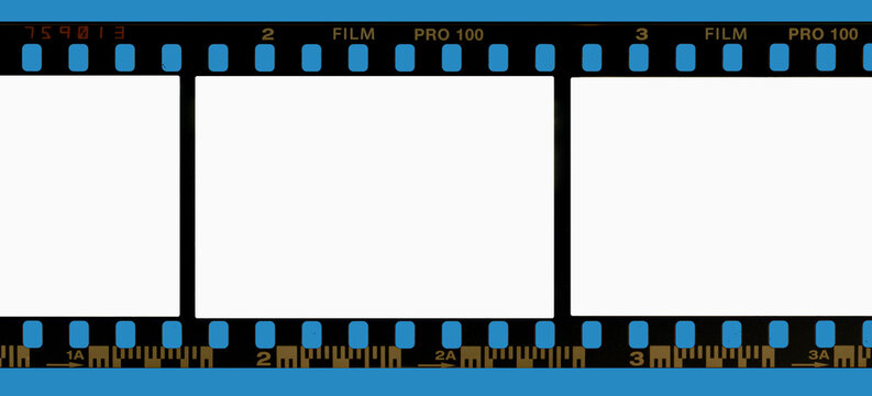 35mm film strip mockup template with blank photo frames and blue background.