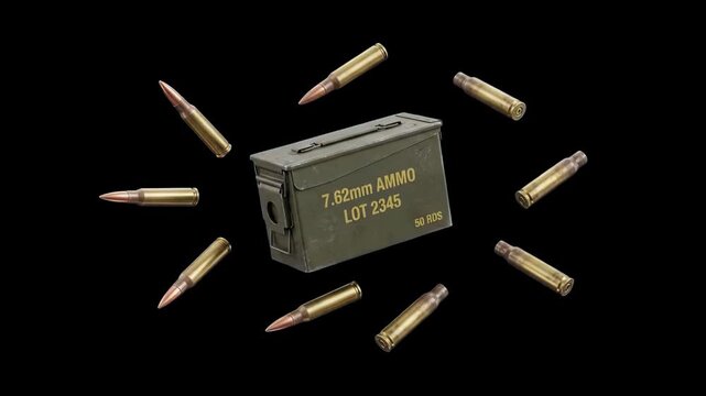 A metal 7.62mm military ammunition box container surrounded by falling rifle bullets on a black background. Perfect for military documentaries, tactical gaming overlays, action movie visual effects, s