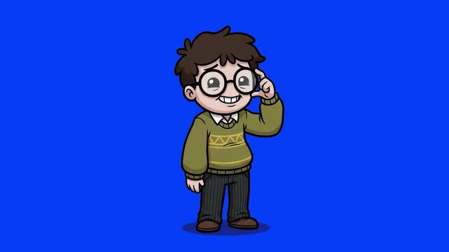 A 2D cartoon boy wearing round glasses and a green sweater standing thoughtfully and touching his glasses on a blue screen background. Ideal for educational animation, smart kid character clips, schoo