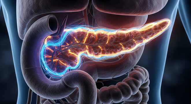 Illustration of the human pancreas and digestive system with glowing nerve pathways