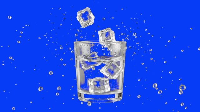Clear ice cubes falling into a glass of refreshing cold water with splashes on a chroma key blue background. Great for beverage commercials, summer refreshment promos, cocktail making clips, bar menu 