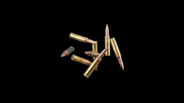 Brass rifle ammunition cartridges and bullets lying scattered on a solid black background. Perfect for military documentaries, shooting sports graphics, gun safety presentations, action film visual ef