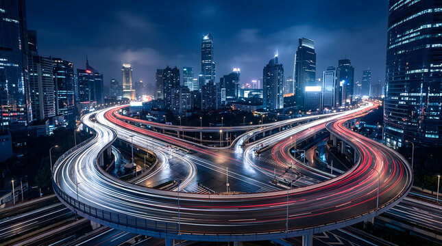 Light trails from traffic on a modern city highway interchange at night