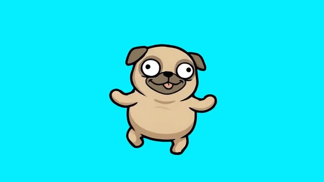 A cute 2D animated pug dog character dancing happily on a dynamic colorful changing background. Excellent for kids mobile games, pet animation clips, funny social media stickers, mascot overlays, and 