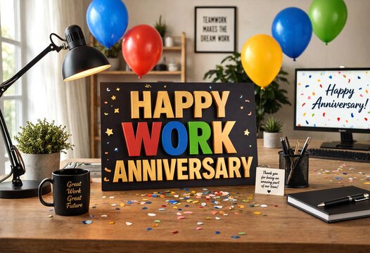 Celebrating work anniversary with colorful office desk decoration and balloons