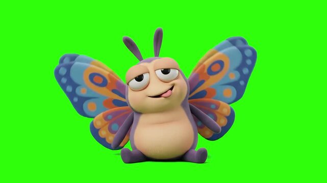 A cute 3D animated colorful butterfly character sitting with big wings and a silly expression on a chroma key green background. Perfect for nature cartoons, children's educational media, funny bug cli