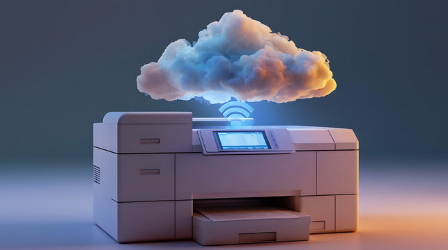 Office printer with cloud icon representing wireless connectivity and data transfer