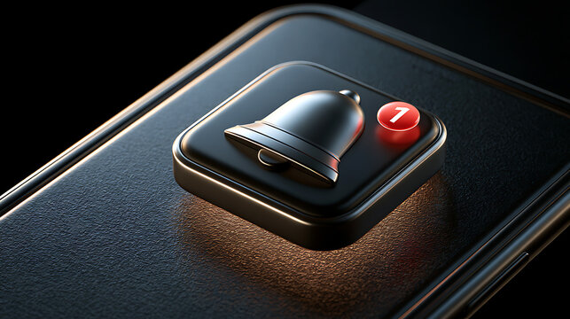 Metallic notification bell icon with red number one alert 3d render