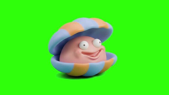 A cute 3D animated clam oyster character opening its shell and smiling cheerfully on a chroma key green background. Great for underwater cartoons, treasure discovery videos, ocean game mascots, kids e