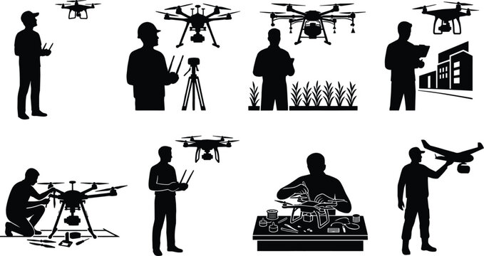 Drone Operator and UAV Technology Silhouette Bundle Featuring Aerial Survey Inspection Mapping Maintenance and Flight Control Activities