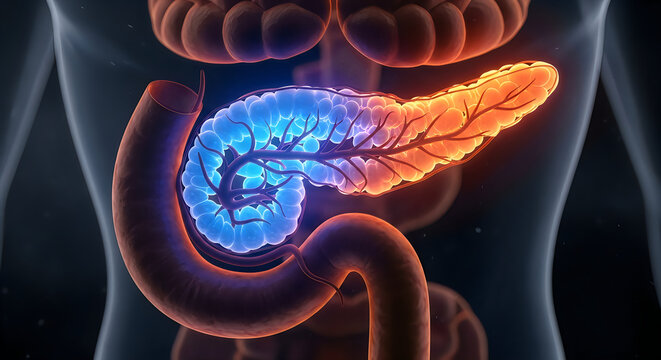 Anatomical illustration of the human pancreas and small intestine connection