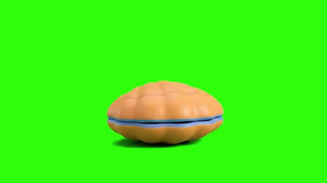 A cute 3D animated clam oyster character opening its shell and smiling cheerfully on a chroma key green background. Great for underwater cartoons, treasure discovery videos, ocean game mascots, kids e