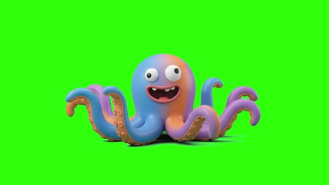 A cute 3D animated gradient blue and orange octopus character smiling and waving tentacles on a chroma key green background. Great for ocean life videos, aquarium promos, children's content, and carto