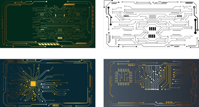 A set of technology background pictures in dark blue tones. Luminous triangle pattern and circuit pattern. Concept of borderless connection