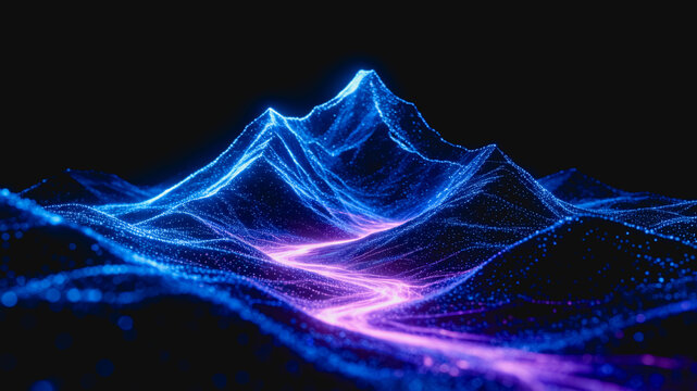 A futuristic abstract digital landscape featuring a glowing particle-made mountain range with neon blue and purple light waves.