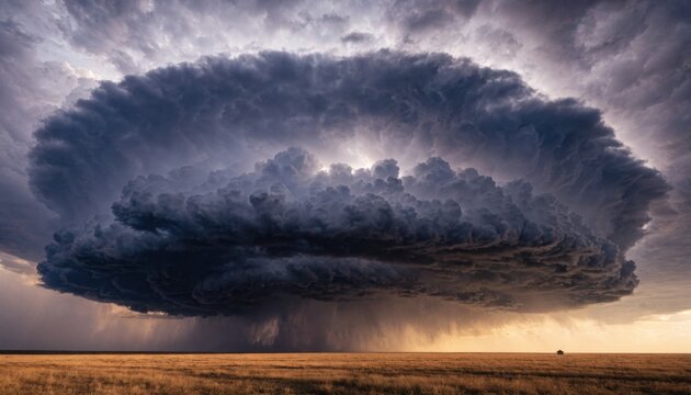 A colossal, dark supercell thunderstorm looms over a dry, golden field